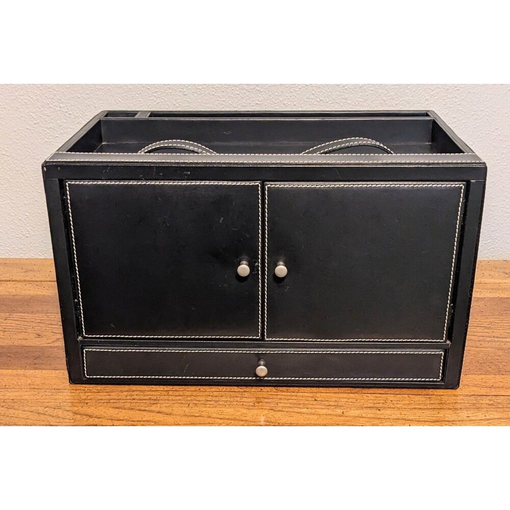 Levenger Leather Desk Organizer Valet Black Double Door Storage Tray Drawer